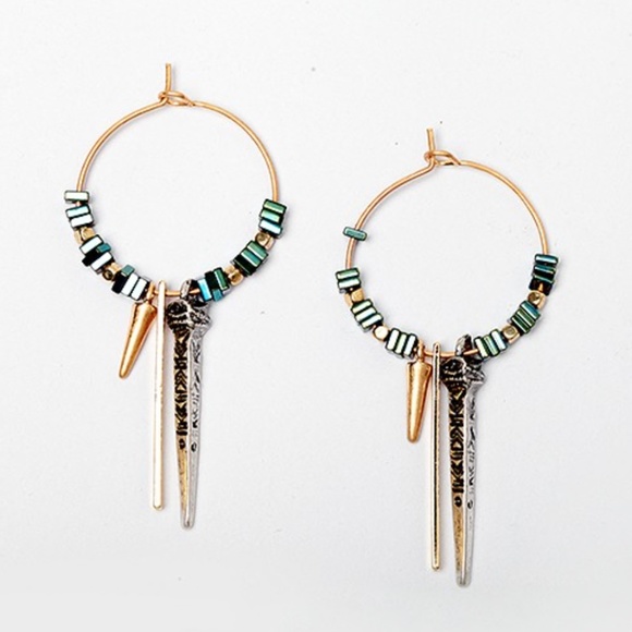 Natural Green Ore Stone Drop Gold Silver Earrings - Picture 4 of 9